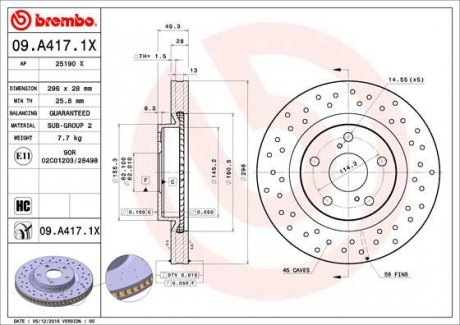 Тормозной диск BREMBO 09.A417.1X (фото 1)