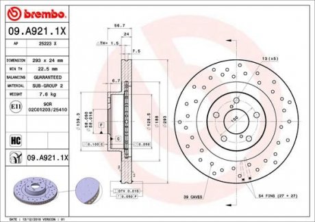 Тормозной диск BREMBO 09.A921.1X (фото 1)