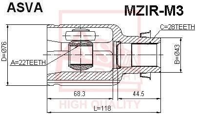 ШРУС ВНУТРІШНІЙ ПРАВИЙ 22x43x30 (MAZDA 3 2003-2013) ASVA MZIR-M3