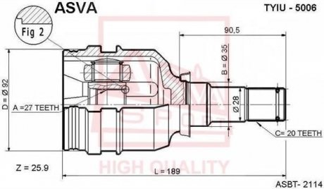 ШРУС ВНУТРІШНІЙ ЛІВИЙ 27x35x20 (TOYOTA CAMRY MCV20/SXV20 1996-2001) ASVA TYIU-5006