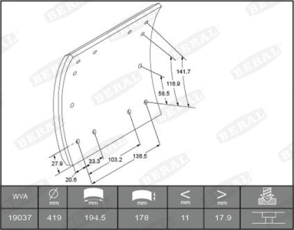 Накладки тормозные WVA19036 необходимы заклепки: 6,35x14,3 L9 96шт BERAL KBL19036.11560