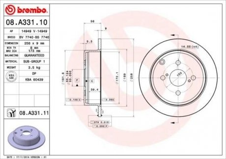 Тормозной диск BREMBO 08.A331.11 (фото 1)