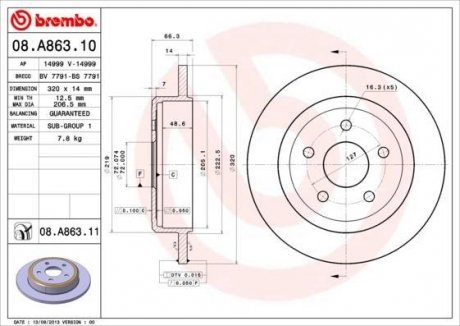 Тормозной диск BREMBO 08.A863.10 (фото 1)