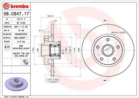 Тормозной диск BREMBO 08.C647.17 (фото 1)