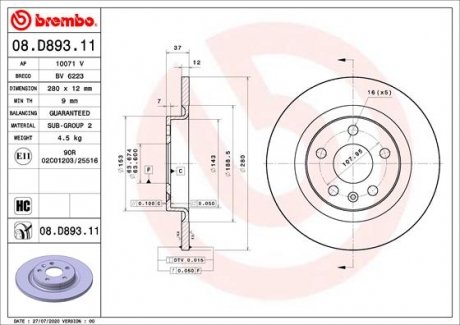 Тормозной диск BREMBO 08.D893.11 (фото 1)