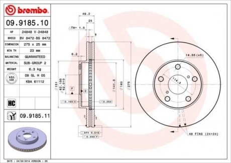 Тормозной диск вентилируемый BREMBO 09.9185.10