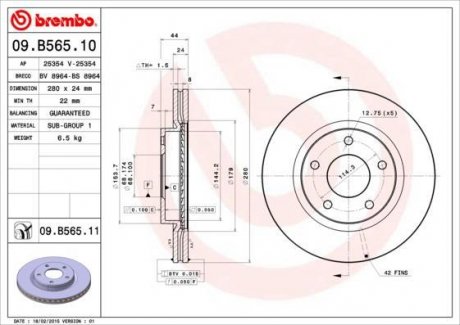 Тормозной диск вентилируемый BREMBO 09.B565.10