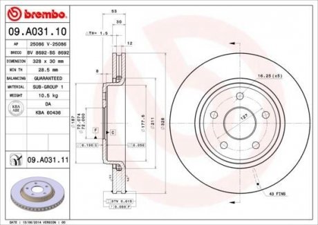 Тормозной диск BREMBO 09.A031.11 (фото 1)