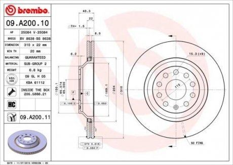 Тормозной диск BREMBO 09.A200.11 (фото 1)