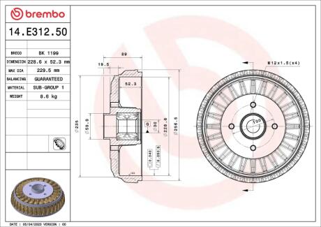 Гальмівний барабан Logan 07-/Stepway 12- (228,6x52,3mm)/к-т з підшипн. BREMBO 14.E312.50