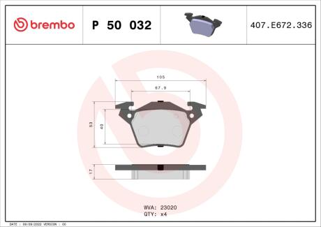 Тормозные колодки к-кт. BREMBO P50 032