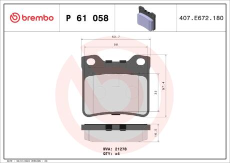 К-кт зад. тормозов. колодок (без датч.) Peugeot 406/605/607 96- BREMBO P61058