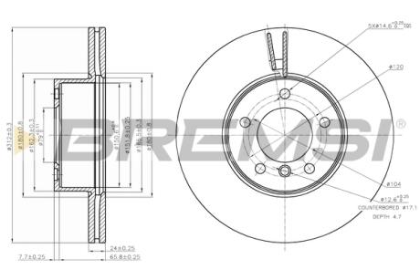 Гальмівний диск перед. BMW 1 (F20/F21)/3 (E90/F30/F80)/X1 (E84) 04- (312x24) Bremsi CD7717V