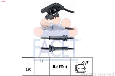 Датчик ABS Citroen C4 I, II/Peugeot 307 1.4-2.0D 00- задний Л/Пр FACET 21.0031
