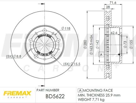 Диск тормозной передний, 06- (280x28mm) FREMAX BD5622