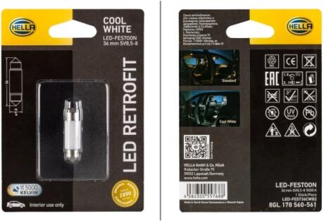 Лампа LED RETROFIT LED, 12V, SV8.5-8 1W 36MM 5000K 35л.m блистер (x1) HELLA 8GL178560561