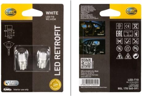 Лампа LED RETROFIT LED, 12V, W2.1x9.5d 1W 4000K 65л.m (блистер 2шт)) HELLA 8GL 178 560591