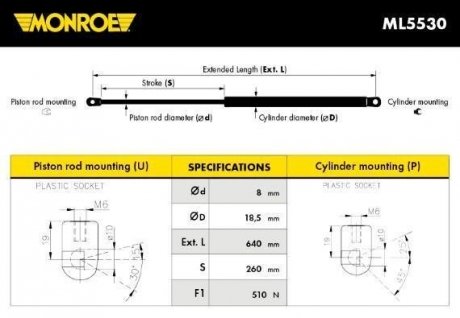 Газова пружина, кришка багажника MONROE ML5530