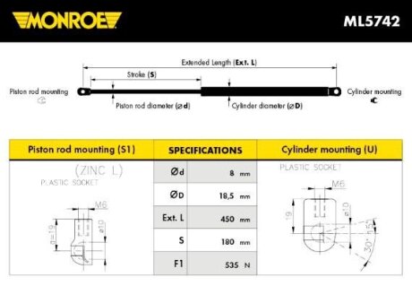 Газовая пружина, крышка багажника MONROE ML5742