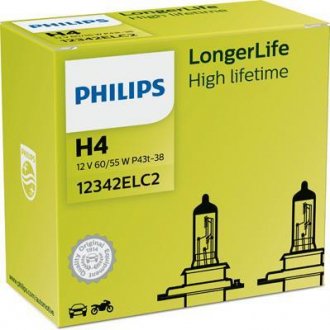 Лампа накаливания H4 12V 60/55W P43t-38 LongerLife 2 x lifetime (2шт.) PHILIPS 12342ELC2 (фото 1)