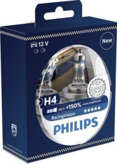 Лампа накаливания H4 12V 60/55W P43t-38 RacingVision +150 more light (2шт) PHILIPS 12342RVS2 (фото 1)