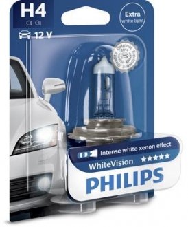 Лампа розжарювання H4 WhiteVision 12V, 60/55W, P43t-38, (+60) (4300K) 1шт. blister PHILIPS 12342WHVB1 (фото 1)