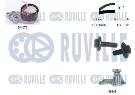 FORD К-т ГРМ (помпа+рем.+1шт. ролик+крепление) Ford Focus -04, Fiesta -02, Fusion -04 RUVILLE 5500641