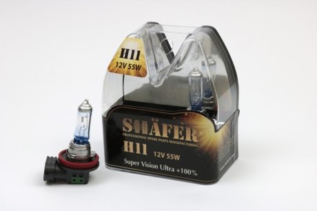 Лампа H11 12V 55W PGJ19-2 Super Vision Ultra +100% (комплект, пластик. бокс 2шт) SHAFER SL3011