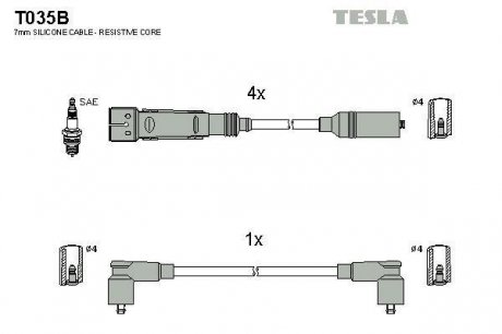 Провода высоковольтные, комплект Vw Polo classic 1.6 (95-01),Vw Polo variant 1.6 (97-01) TESLA T035B (фото 1)