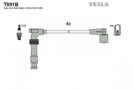 Провода высоковольтные, комплект Opel Astra g 1.4 (98-05),Opel Zafira a 1.6 (99-05) TESLA T991B (фото 1)