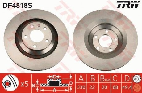 ДИСК ГАЛЬМIВНИЙ ЗАДНIЙ, 330mm, AUDI A6 05-11 TRW DF4818S