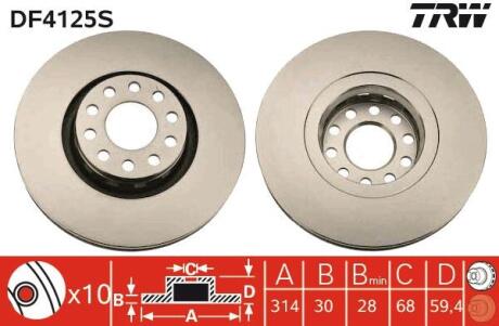 Диск тормозной, AUDI 100/A6/A8, 2.5-4.2, AFB/AKN, 91-02 TRW DF4125S