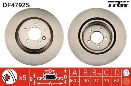 Диск тормозной передний, 360mm, LAND ROVER Discovery, Range Rover Sport, 05- TRW DF4792S