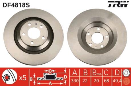 Диск тормозной задний, 330mm, AUDI A6 05-11 TRW DF4818S
