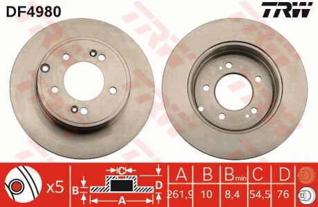 Диск тормозной, HYUNDAI Grandeur, Sonata, 2.0-3.3, D4EA-F, 05-, KIA, 1.7-2, D4FD-L, 12- TRW DF4980