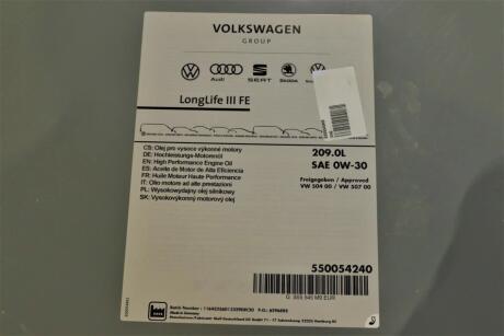 Олива моторна LongLife III FE 0W-30, 209л. 50400/50700 VAG GS55545M9