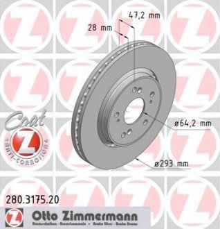 Тормозной диск передний Honda Civic VII/VIII/CR-V ZIMMERMANN 280.3175.20 (фото 1)